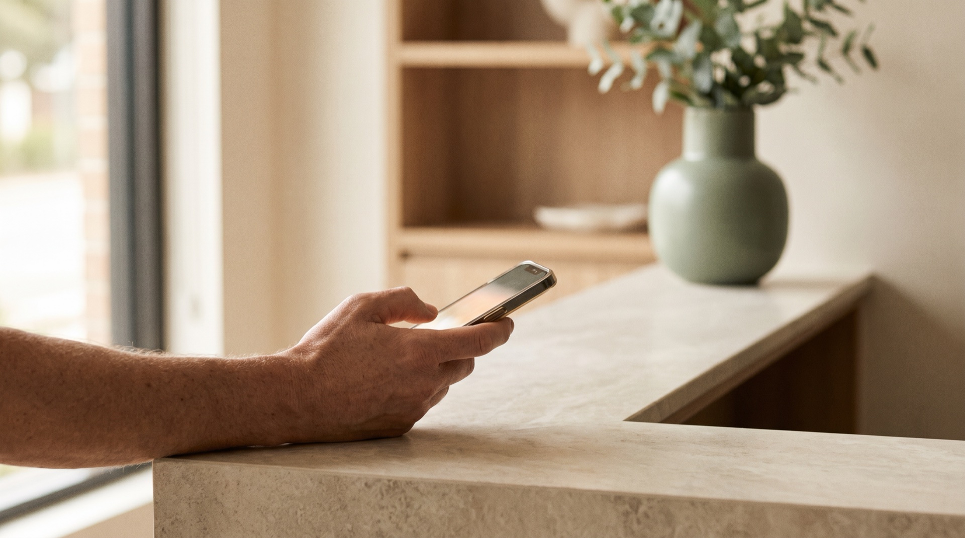 Close-up of a hand holding a phone with a five-star rating page, in a bright clinic