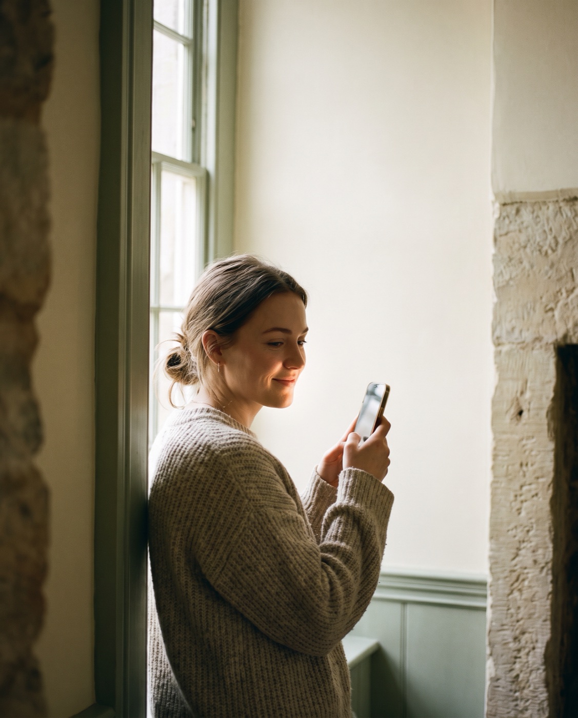 A woman taking a selfie in soft window light, about to preview her smile