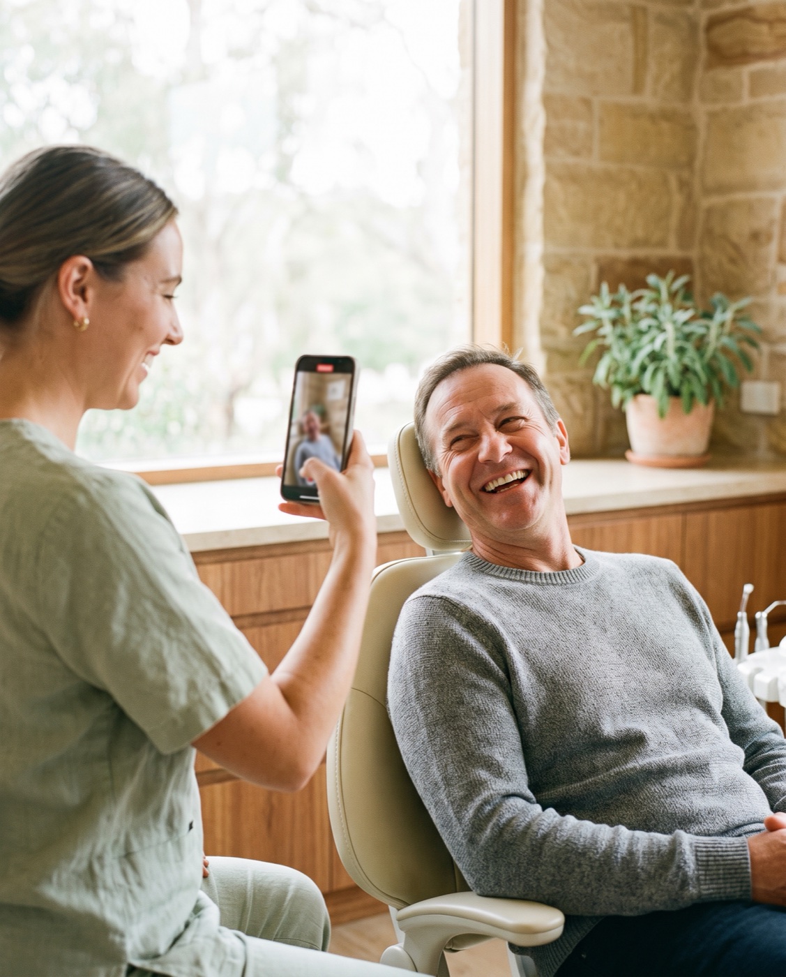 A dental assistant filming a smiling patient with a phone in a bright treatment room